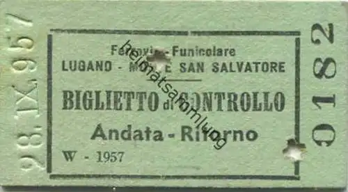 Schweiz - Ferrovia Funicolare Lugano Monte San Salvatore Biglietto di Controllo - Andanta Ritorno 1957