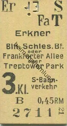 Deutschland - Erkner - Berlin Schlesischer Bf. od. Frankfurter Allee od. Treptower Park - S-Bahnverkehr - Fahrkarte 3. K