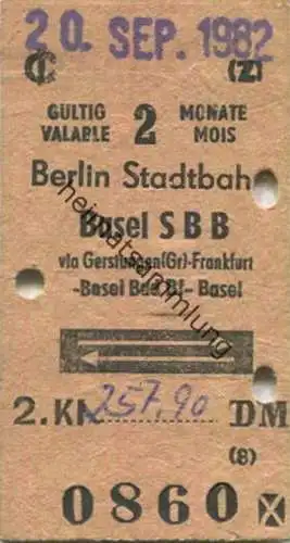 Deutschland - Berlin Stadtbahn Basel SBB via Gerstungen Frankfurt Basel Bad Bf Basel - Fahrkarte  2. Kl. 257.90 DM 1982