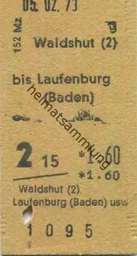 Deutschland - Waldshut bis Laufenburg (Baden) - Fahrkarte 2.Kl 1.60 1973
