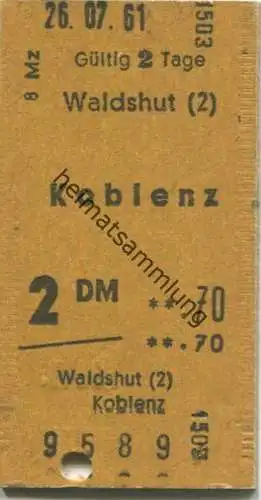 Deutschland - Waldshut Koblenz - Fahrkarte 2. Klasse DM -.70 1961