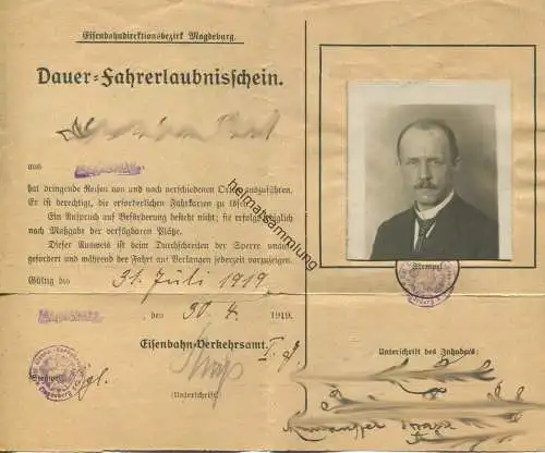 Deutschland - Eisenbahndirektionsbezirk Magdeburg - Dauer-Fahrerlaubnisschein 1919