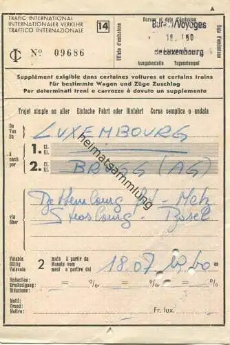 Luxembourg Brugg (AG) via Bettembuerg Metz Strasbourg Basel - Fahrschein 1960