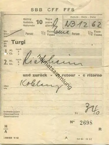 Schweiz - Turgi Rietheim via Koblenz - Fahrschein 2. Klasse 1962
