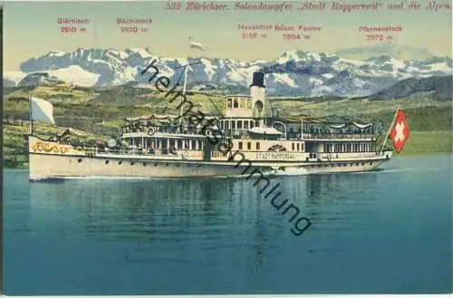 Zürichsee - Salondampfer Stadt Rapperswil und die Alpen - rückseitig Werbung der Zürcher Dampfboot AG