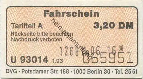 Deutschland - Berlin - BVG Fahrschein 1993