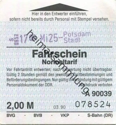 Deutschland - Berlin - BVG BVB VKP S-Bahn (DR) - Fahrschein Normaltarif 1990 - 2,00 M Potsdam-Stadt - nur gültig in Verb