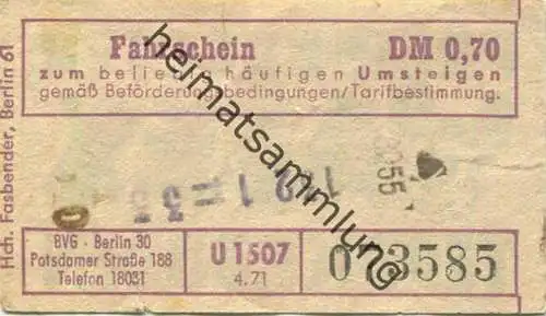 Deutschland - Berlin - BVG Fahrschein DM 0,70 zum beliebig häufigen Umsteigen 1971