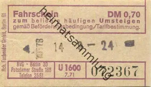 Deutschland - Berlin - BVG Fahrschein DM 0,70 zum beliebig häufigen Umsteigen 1971