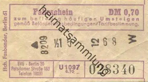 Deutschland - Berlin - BVG Fahrschein DM 0,70 zum beliebig häufigen Umsteigen 1970
