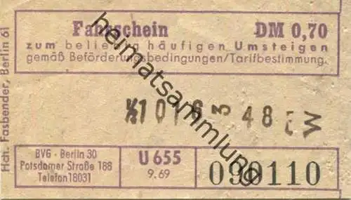 Deutschland - Berlin - BVG Fahrschein DM 0,70 zum beliebig häufigen Umsteigen 1969