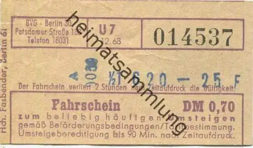 Deutschland - Berlin - BVG Fahrschein DM 0,70 zum beliebig häufigen Umsteigen 1968