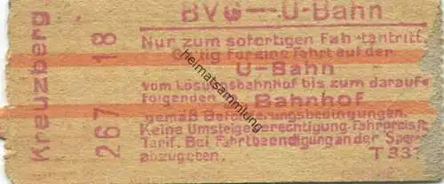 Deutschland - Berlin - BVG - U-Bahn - Fahrschein - Gültig für eine Fahrt auf der U-Bahn bis zum darauffolgenden 3. Bahnh