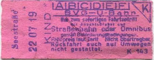 Deutschland - Berlin - BVG U-Bahn mit Anschlussfahrt auf Strassenbahn oder Omnibus - Kinder-Fahrschein - Seesrtasse