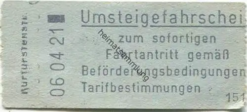 Deutschland - Berlin - BVG - Umsteigefahrschein - Kurfürstenstrasse - Fahrpreis 1,00 DM