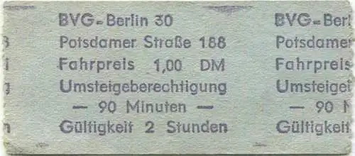 Deutschland - Berlin - BVG - Umsteigefahrschein - Kurfürstenstrasse - Fahrpreis 1,00 DM