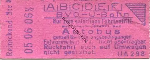 Deutschland - Berlin - BVG - Fahrschein mit Anschlussfahrt auf Autobus - U-Bahnhof Reinickendorfer-Strasse