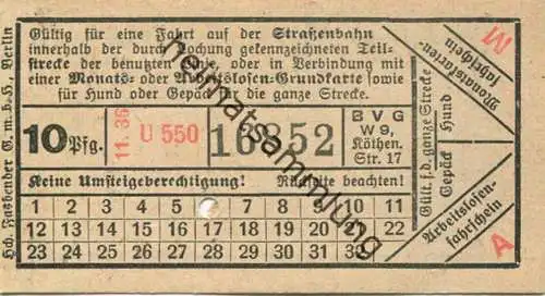 Deutschland - Berlin - BVG - Strassenbahn-Fahrschein 1936 - in Verbindung mit einer Monats-Grundkarte für eine Fahrt auf