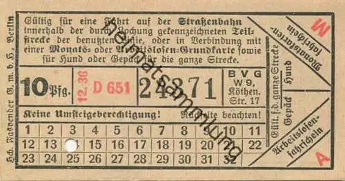 Deutschland - Berlin - BVG - Strassenbahn-Fahrschein 1936 - in Verbindung mit einer Monats-Grundkarte für eine Fahrt auf