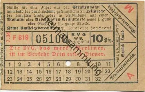 Deutschland - Berlin - BVG - Strassenbahnfahrschein 1934 - nur in Verbindung mit einer Monats- oder Arbeitslosen-Grundka