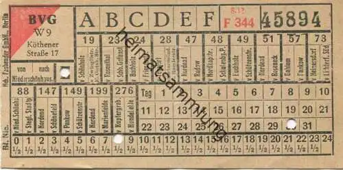 Deutschland - Berlin - BVG - Strassenbahnfahrschein mit Umsteigeberechtigung auf die U-Bahn 1942 - von nach Niederschönh