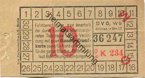 Deutschland - Berlin - BVG - Fahrschein 1943 - Teilstreckenschein oder in Verbindung mit einer Monats-Grundkarte sowie f