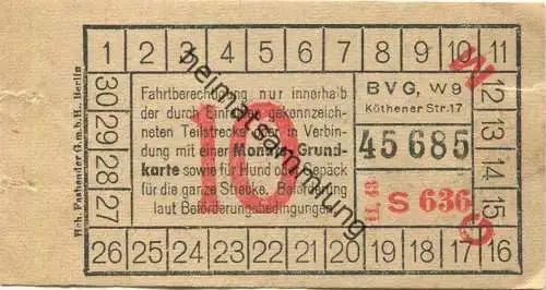 Deutschland - Berlin - BVG - Fahrschein 1943 - Teilstreckenschein oder in Verbindung mit einer Monats-Grundkarte sowie f