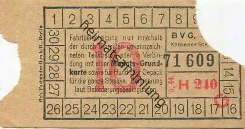 Deutschland - Berlin - BVG - Fahrschein 1944 - Teilstreckenschein oder in Verbindung mit einer Monats-Grundkarte sowie f