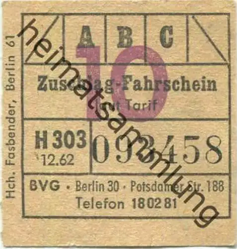 Deutschland - Berlin - Berlin - BVG - Zuschlag-Fahrschein 1962