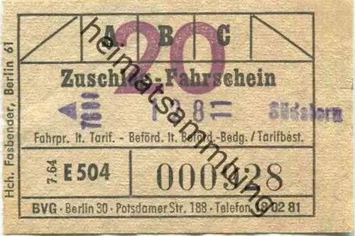 Deutschland - Berlin - BVG - Zuschlag-Fahrschein 1964 - Südstern