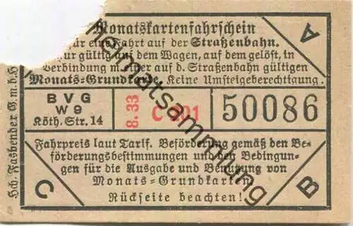 Deutschland - Berlin - Fahrschein 1933 - BVG - in Verbindung mit einer Monats-Grundkarte für eine Fahrt auf der Strassen