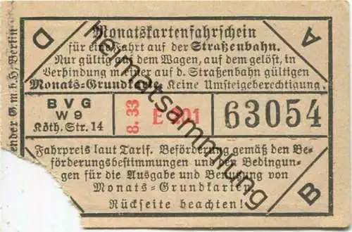 Deutschland - Berlin - Fahrschein 1933 - BVG - in Verbindung mit einer Monats-Grundkarte für eine Fahrt auf der Strassen
