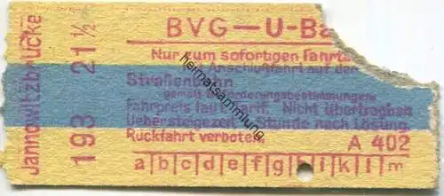 Deutschland - Berlin - BVG - U-Bahn - Fahrschein mit Anschlussfahrt auf der Strassenbahn - Jannowitzbrücke
