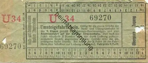 Deutschland - Berlin - Hoch- und Untergrundbahn Berliner Strassenbahn - Fahrschein 20er Jahre 3. Klasse Umsteigefahrsche