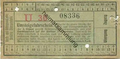 Deutschland - Berlin - Hoch- und Untergrundbahn Berliner Strassenbahn - Fahrschein 20er Jahre 3. Klasse Umsteigefahrsche