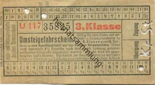 Deutschland - Berlin - Hoch- und Untergrundbahn Berliner Strassenbahn - Fahrschein 20er Jahre 3. Klasse Umsteigefahrsche