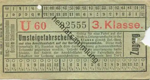Deutschland - Berlin - Hoch- und Untergrundbahn Berliner Strassenbahn - Fahrschein 20er Jahre 3. Klasse Umsteigefahrsche