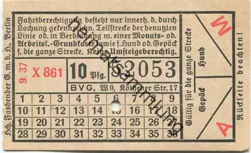 Deutschland - Berlin - Fahrschein 1937 - BVG 10 Pfg. - Hund oder Gepäck