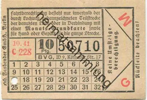 Deutschland - Berlin - BVG Fahrschein 1941 - 10Pfg.