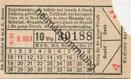 Deutschland - Berlin - Fahrschein 1937 - BVG 10 Pfg. - Hund oder Gepäck