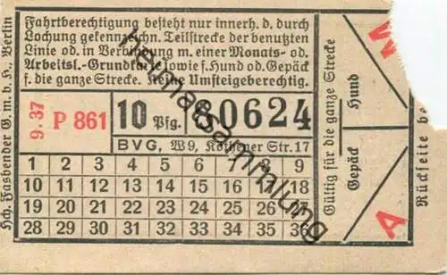Deutschland - Berlin - Fahrschein 1937 - BVG 10 Pfg. - Hund oder Gepäck