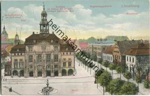 Lüneburg - Markt mit Rathaus - Michaeliskirche - Regierungsgebäude und Heinehaus - Verlag M. Glückstadt & Münden Hamburg