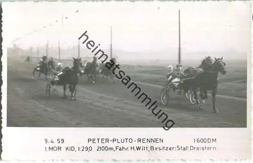 Trabrennen - Peter Pluto Rennen - Mor Kid - Fahrer Heinz Witt - Besitzer Stall Dreistern - Foto-AK 09.04.1959