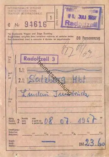 Internationaler Verkehr 1957 - DB Personenzug Radolfzell Salzburg über Lindau Innsbruck - Fahrschein