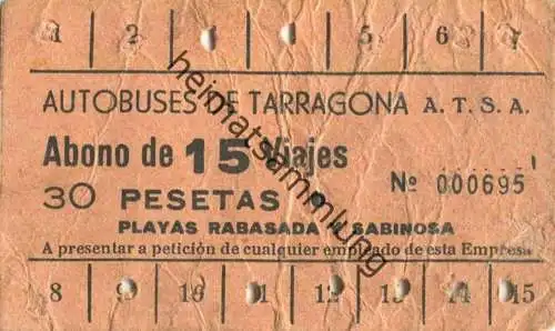 Spanien - Katalonien - Autobuses de Tarragona ATSA - Abono de 15 Viajes 30 Pesetas