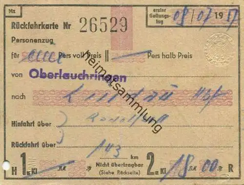 Deutschland - Rückfahrkarte - Oberlauchringen Lindau über Radolfzell - Fahrkarte 2. Klasse 1957