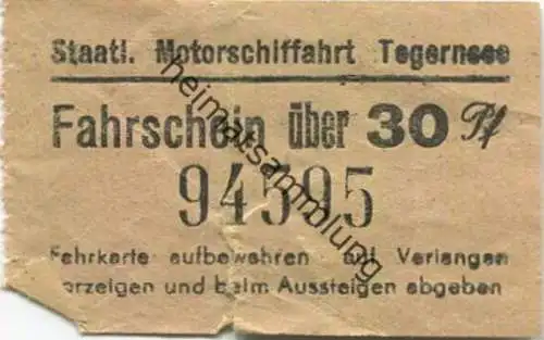 Deutschland - Staatliche Motorschiffahrt Tegernsee - Fahrschein über 30 Pf.