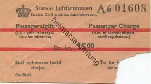 Dänemark - Statens Luftfartsvaesen - Passagerafgift - Da. kr. 15.00 - Passagiersteuer