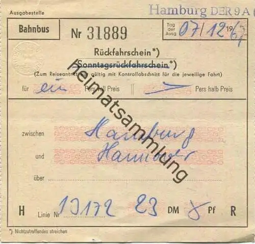 Deutschland - Bahnbus - Rückfahrschein - Hamburg Hannover 1967