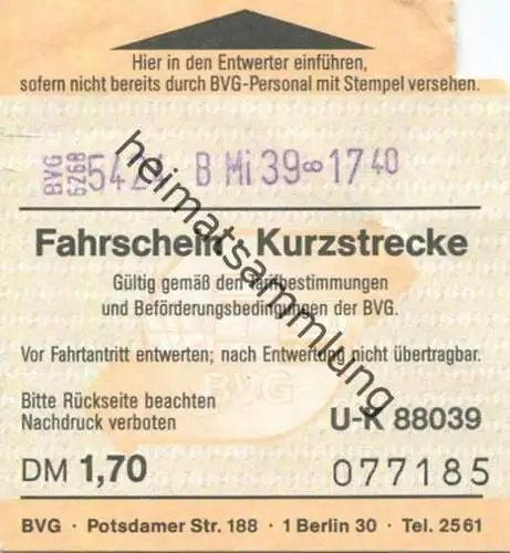 Deutschland - Berlin - BVG - Fahrschein - Kurzstrecke - Fahrpreis DM 1,70 1988